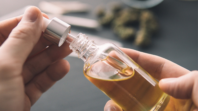 A person holding a CBD oil bottle with a dropper with a blurred background of hemp buds